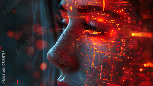 Portrait of a Woman with a Beautiful Face. Close-up Digital Interface in Futuristic Technology for Data Visualization.