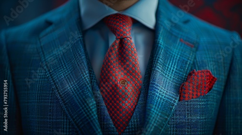 Dapper tailored suit in cerulean blue, accessorized with a vibrant red necktie and kerchief, presented on an elegant mannequin against a stark background.