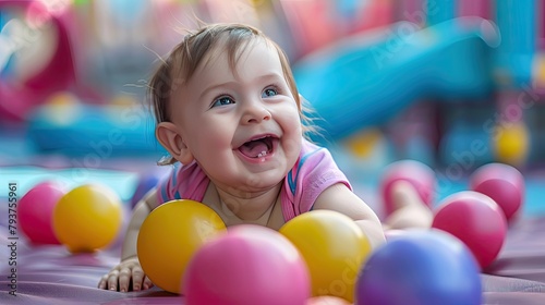 a small child plays in a pool of colorful balls