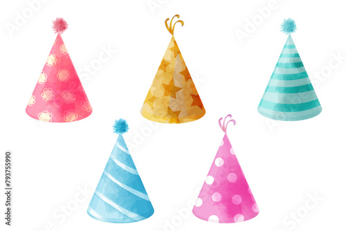 Set of party hats. Vector funny colorful birthday decorations, set of hats in watercolor style for design and invitations, isolated on white