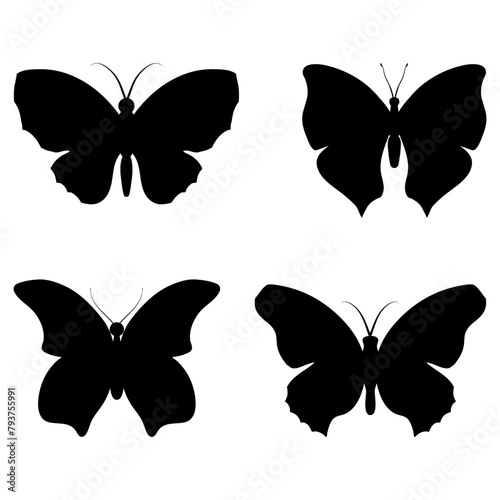 Set of black silhouettes of butterflies isolated on white. Insect vector illustration for design