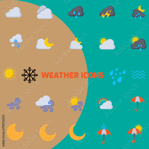 Vector icons set various weather conditions. Vector illustration of hot air, rain, and snow. On a blank background and can be edited again.