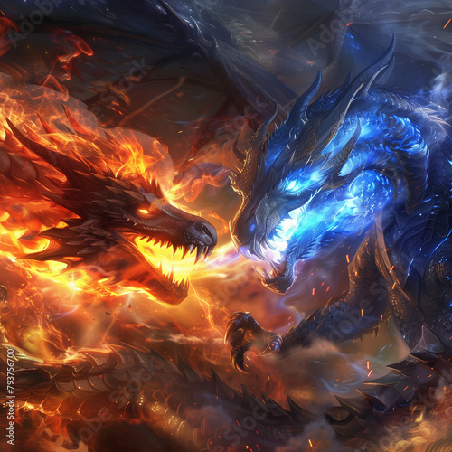 Concept Art of Two Dazzling Holographic Dragons Breathing Fire Spectacularly