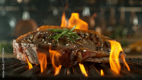 One Beef Sirloin Steak Placed on Grill Grid with Fire.