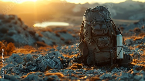 Twilight descends on a traveler's gear laid out on rugged terrain implying a journey of endurance and wonder