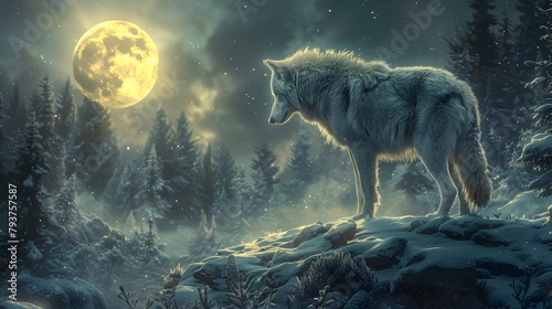 Wolf under moonlight, howling in the night, showcasing its wild beauty and predatory instincts, surrounded by nature's mystique photo
