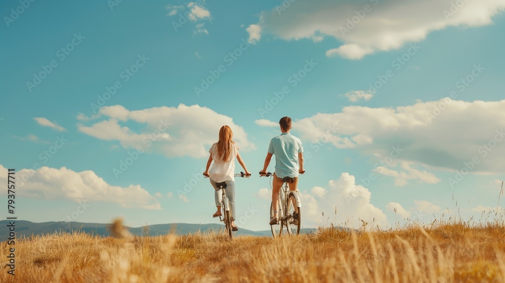 Couple enjoys beautiful countryside scenery. Romantic couple riding bicycle. Happiness image of a young couple Couple enjoys beautiful countryside scenery. Romantic couple riding bicycle. Happiness image of a young couple