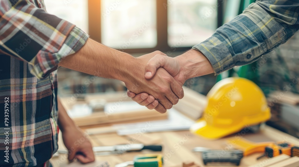 handshake on the background of construction