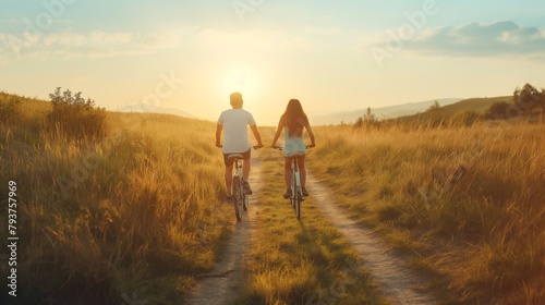 Couple enjoys beautiful countryside scenery. Romantic couple riding bicycle. Happiness image of a young couple © acnaleksy