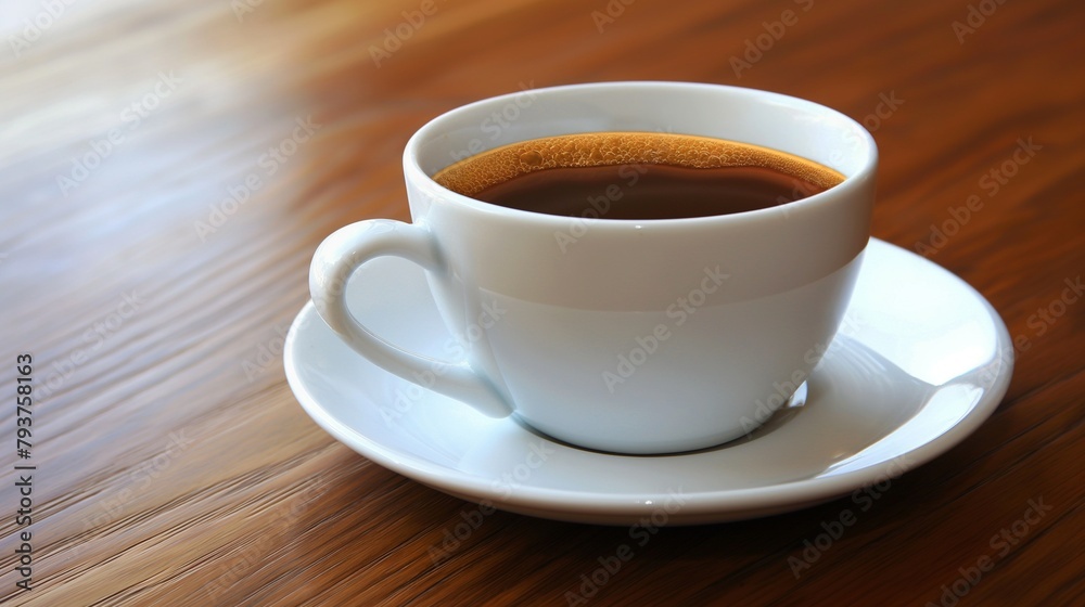 Coffee in white cup on wooden table in cafe Coffee in white cup on wooden table in cafe