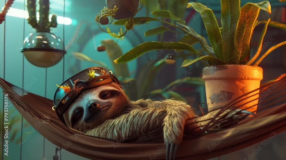 Fototapeta premium A shy sloth, sporting a flowerpot helmet that sprouted a tiny cactus, chilled out on a holographic hammock, its slowmoving nature perfectly suited for virtual reality adventures