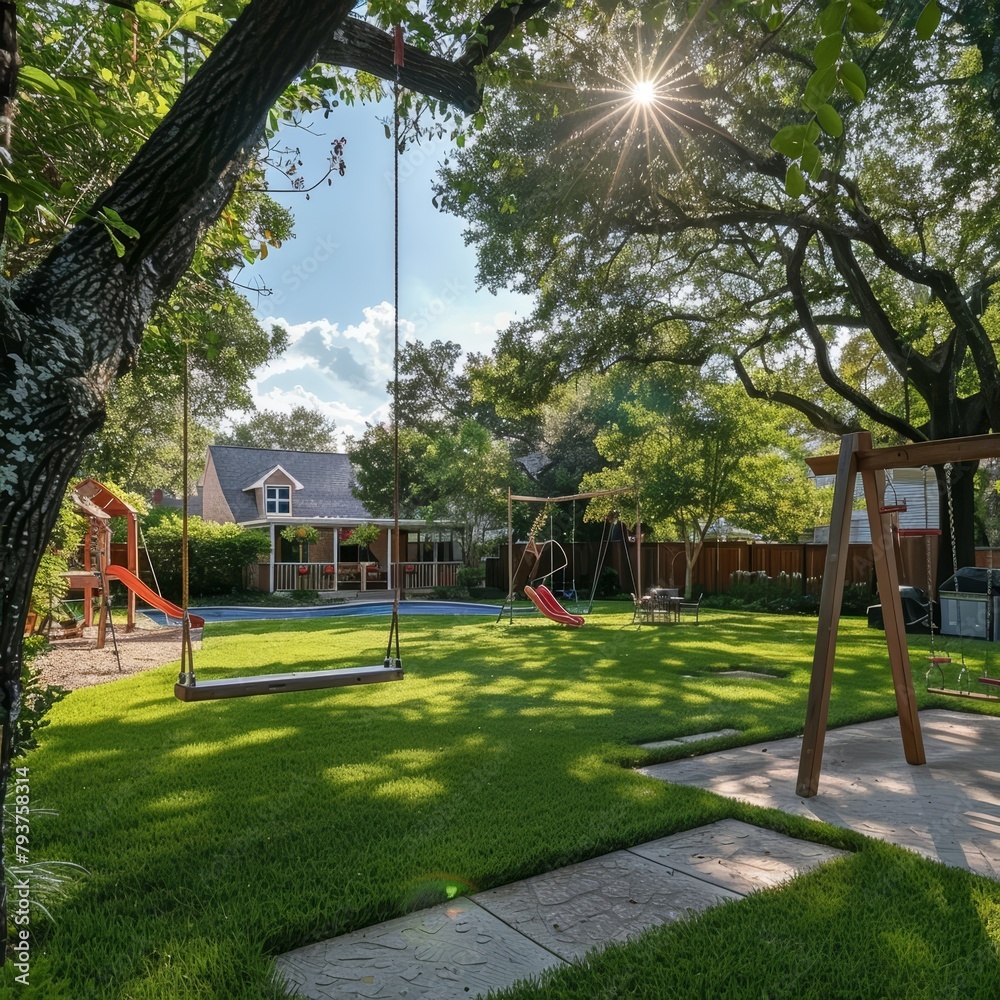 A backyard with a swing set for the kids to play on, a barbecue grill for family cookouts, and a spacious lawn for family games and activities