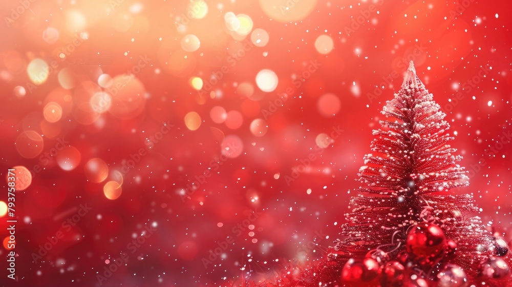 Christmas Background Red. Xmas Tree and Bokeh Lights on Festive Red Canvas with Greeting Card Design Christmas Background Red. Xmas Tree and Bokeh Lights on Festive Red Canvas with Greeting Card Design