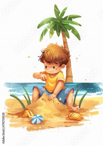 boy on the beach playing in the sand, sandbox, child, kid, summer, sea, holidays, toddler, childhood, game, children, white background, illustration, casual clothing, drawing, baby, palm © Julia Zarubina