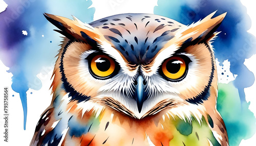 Hand drawn cartoon beautiful owl watercolor illustration background  © YU