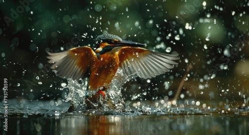 Nature Photos. Female Kingfisher Emerging from Water with Splashing Effect © AIGen