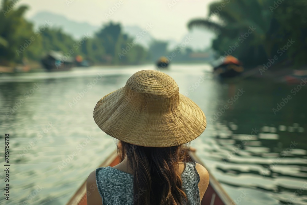Travel Boat. Woman Enjoying Calm and Relaxing Boating Adventure in Asia