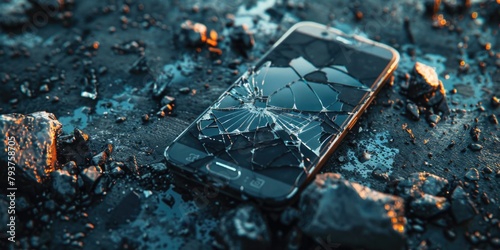 Broke Down Mobile Phone Repair. Smartphone with Broken Screen, Accident Damage photo