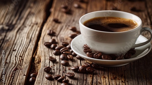 Coffee in white cup on wooden table in cafe