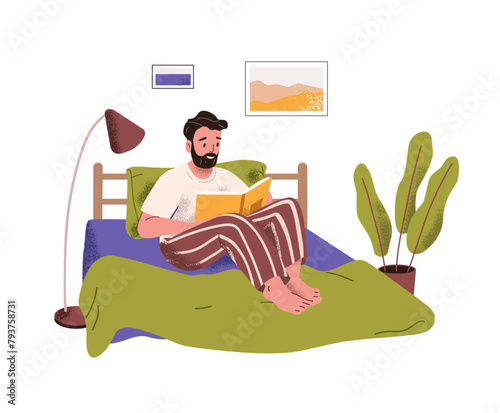 Adult bearded man reads book in bed. Reader relaxes indoor. Person holds storybook in hands, gets pleasants from stories, novels at home. Flat isolated vector illustration on white background