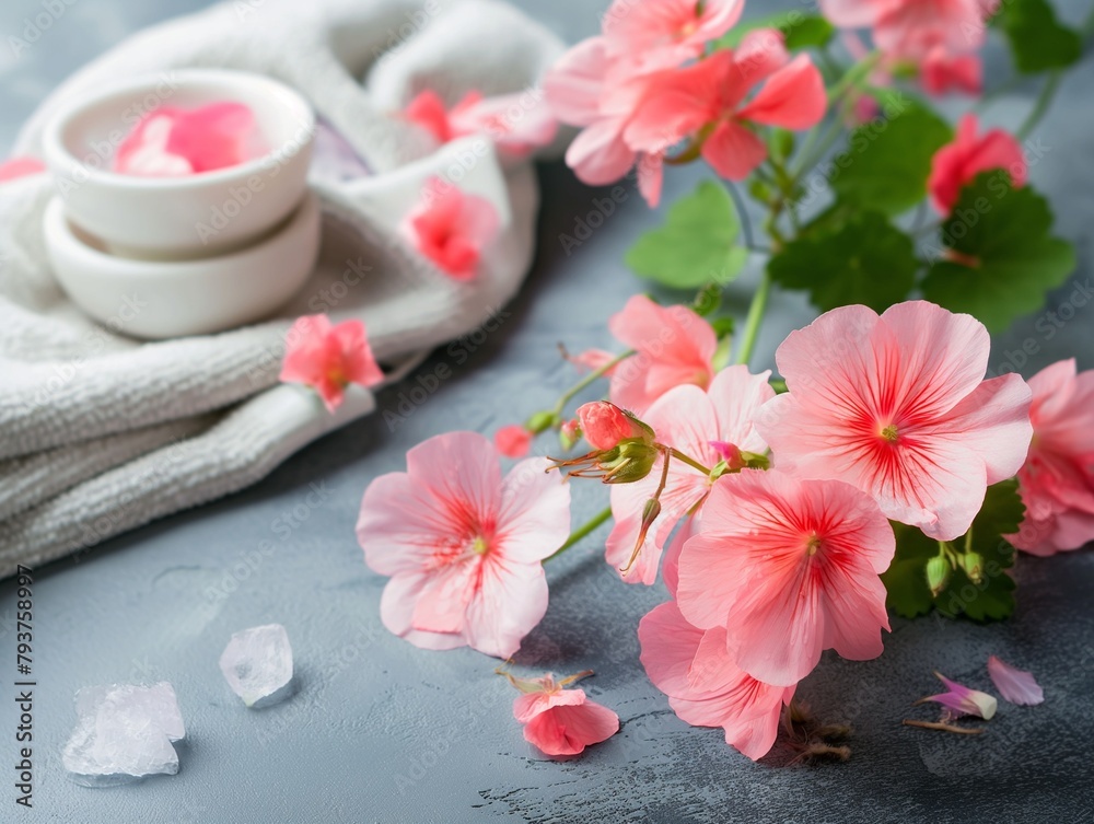 cosmetic creams with pink flowers, geranium flower, skin cream on a white background cosmetic creams with pink flowers, geranium flower, skin cream on a white background
