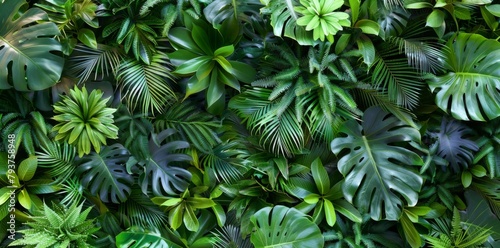 Tropical plants and succulents form a background of greenery in this wallpaper with palm leaves