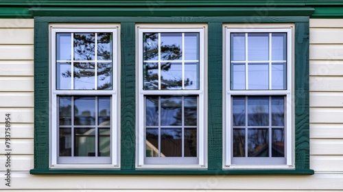 House Window. New White Vinyl Replacement Windows with Green Trim for Horizontal Architecture