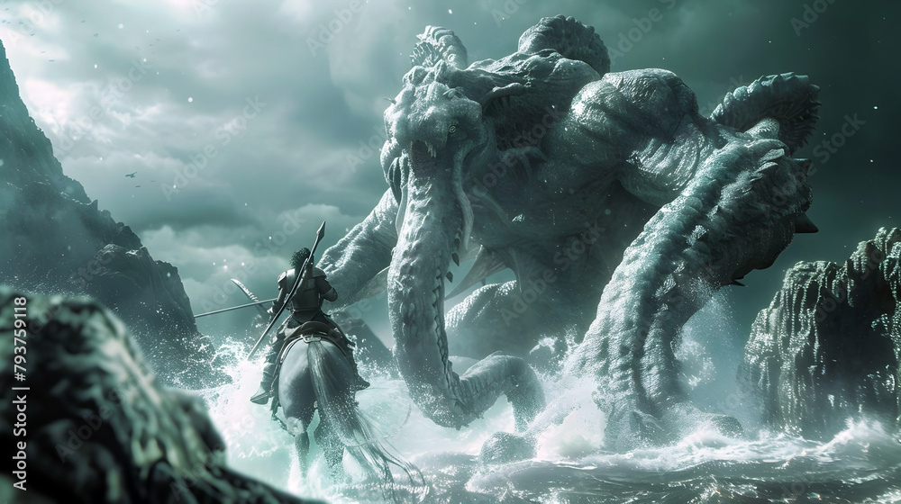 Mounted Warrior Confronts Tentacled Kraken in Perilous Ocean Depths,Cinematic 3D Render with Details - obrazy, fototapety, plakaty 