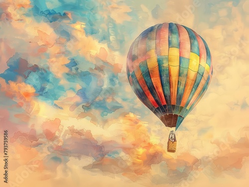 A hot air balloon, its billowing fabric a kaleidoscope of soft pinks and baby blues, drifted peacefully across a watercolor sunrise, casting a warm glow on the fluffy clouds below