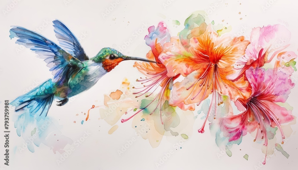 A mama hummingbird, a blur of emerald green and sapphire blue watercolors, hovered in midair, feeding her chicks nectar from a flower painted in vibrant shades of pink and orange