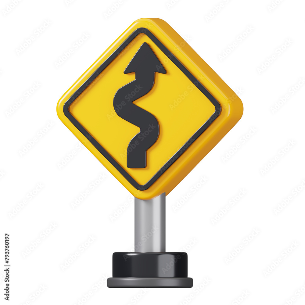 Right winding road direction sign isolated. Traffic mandatory road sign board. 3D Illustration Right winding road direction sign isolated. Traffic mandatory road sign board. 3D Illustration