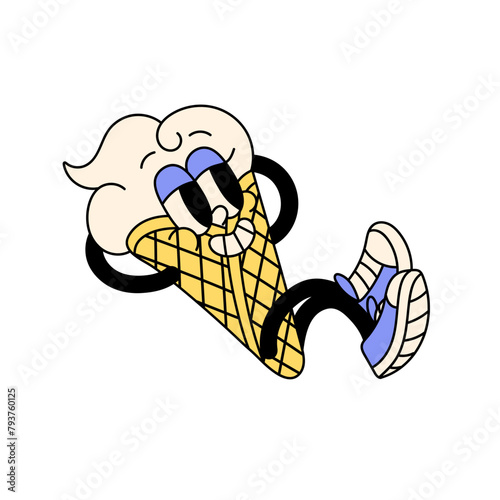 Happy cartoon Ice Cream character relaxes. Groovy icecream in waffle cone with smile face. Abstract funky mascot of frozen dessert in retro style. Flat isolated vector illustration on white background