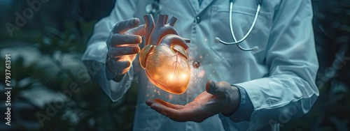the doctor holds an artificial heart in his hands