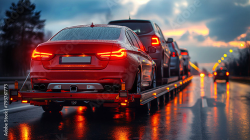 Car transporter carries new cars in the evening on a rainy day