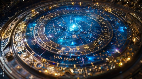 Luminous celestial chart depicting horoscope symbols revolving around a bright core as an oracle of fate
