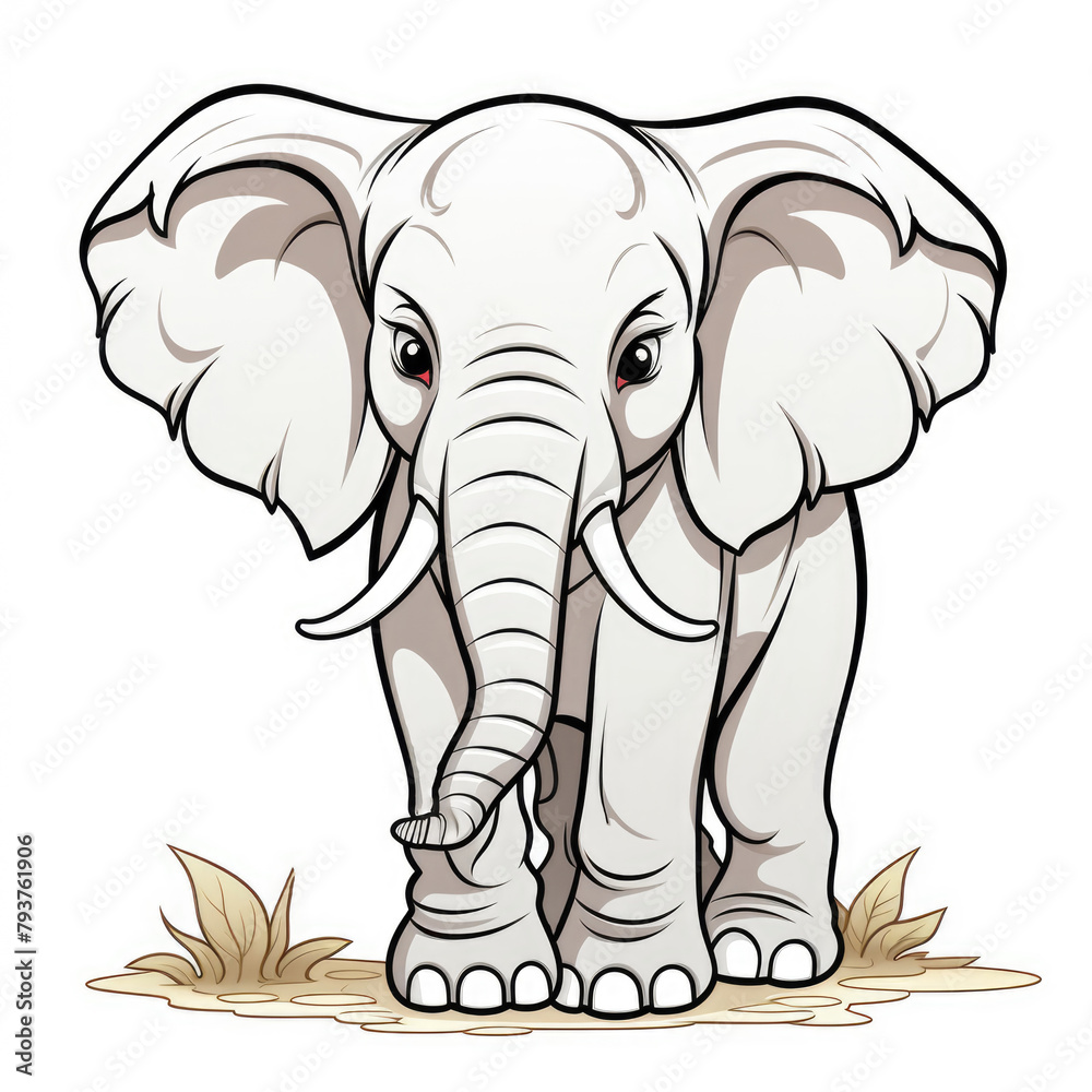 African elephant coloring page for child leisure. Wild animal outline illustration isolated on white background