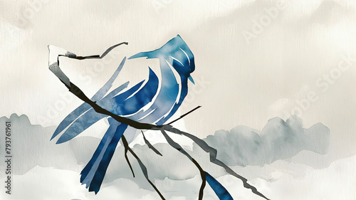 A beautiful minimalistic watercolor painting of blue bird