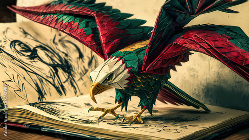 A drawn eagle flying out of a sketchbook