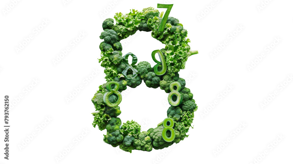 Number Eight made of green vegetables on the transparent background, PNG Format