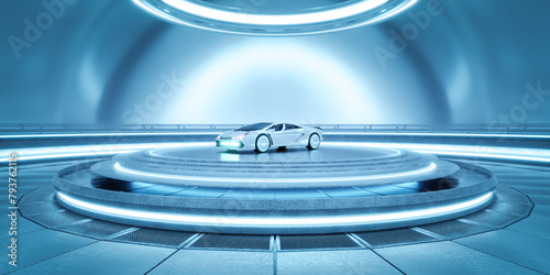 3D Futuristic car in high-tech showroom