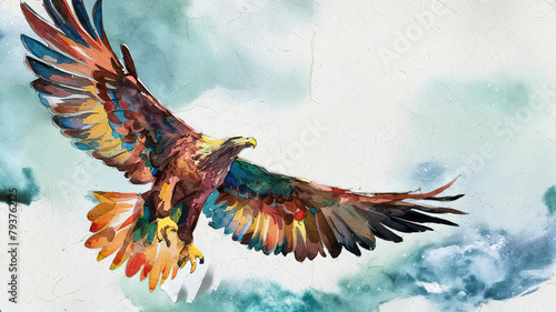A mesmerizing watercolor illustration of a majestic flying eagle