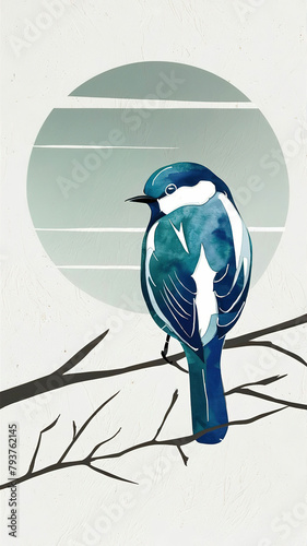 A beautiful minimalistic watercolor painting of blue bird