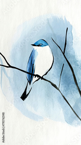 A beautiful minimalistic watercolor painting of blue bird