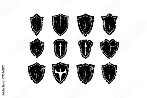 Grunge Style Assorted Shield Silhouettes. Vector illustration design.