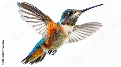 Closeup of realistic hummingbird flying isolated