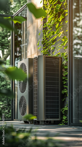 electrocaloric heat pump in the back of the building surrounded by green leaves to show the sustainability..