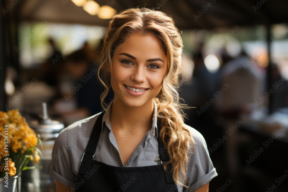 A friendly female employee in an apron in a street restaurant.