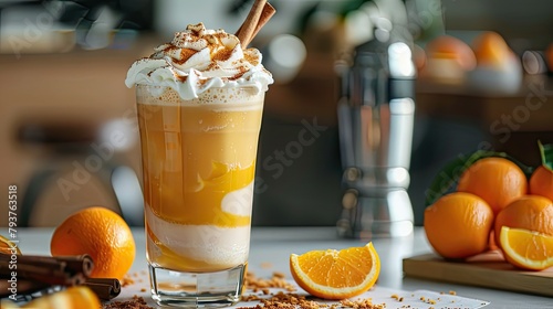 A creamy orange milkshake in an elegant glass, topped with cinnabar sprinkles and whipped cream, surrounded by orange slices on a table, shot from a side angle. photo