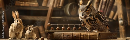A wise old owl perched on a stack of books offered financial advice to a family of anxiouslooking rabbits, carefully calculating their investments on an abacus