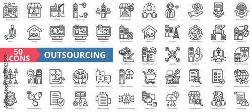 Outsourcing icon collection set. Containing vendor, offshore, offsourcing, insourcing, remote work, third party, call center icon. Simple line vector. photo